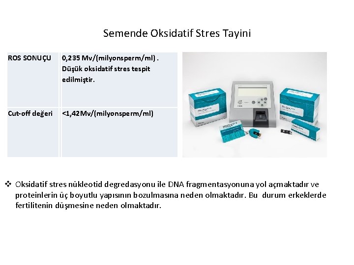 Semende Oksidatif Stres Tayini ROS SONUÇU 0, 235 Mv/(milyonsperm/ml). Düşük oksidatif stres tespit edilmiştir.