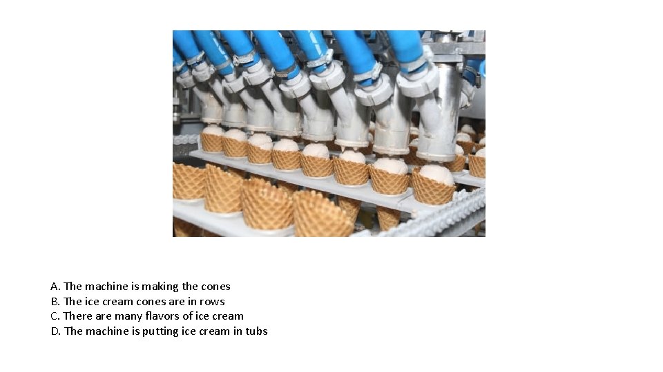 A. The machine is making the cones B. The ice cream cones are in A. The machine is making the cones B. The ice cream cones are in
