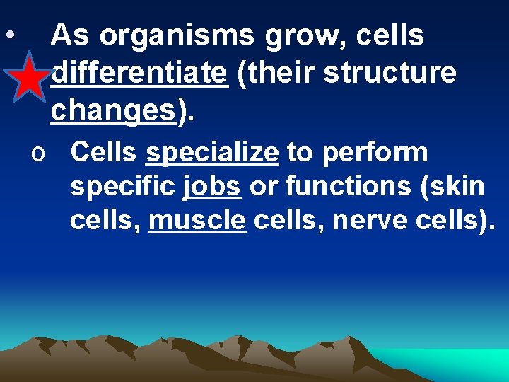  • As organisms grow, cells differentiate (their structure changes). o Cells specialize to