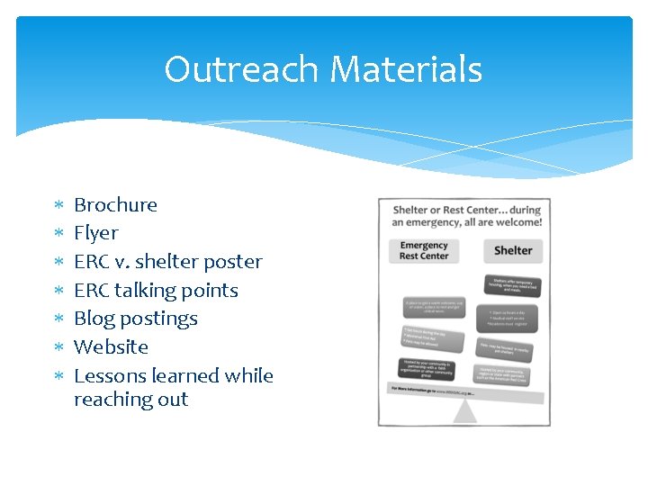 Outreach Materials Brochure Flyer ERC v. shelter poster ERC talking points Blog postings Website