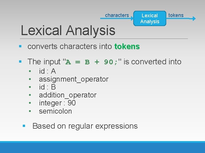 characters Lexical Analysis tokens § converts characters into tokens § The input "A =