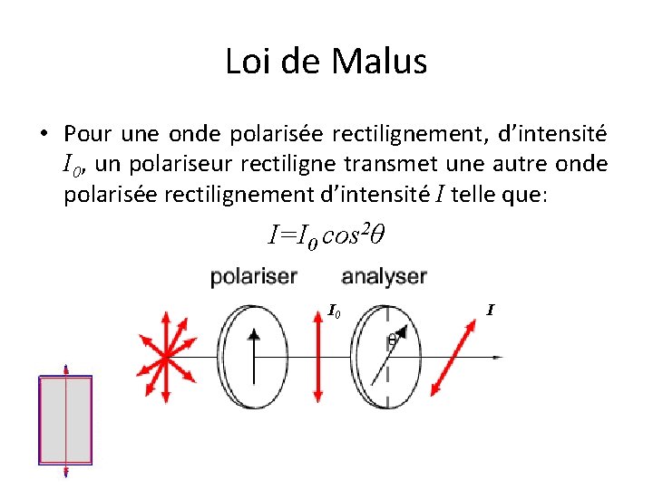 Loi de Malus • Pour une onde polarisée rectilignement, d’intensité I 0, un polariseur Loi de Malus • Pour une onde polarisée rectilignement, d’intensité I 0, un polariseur