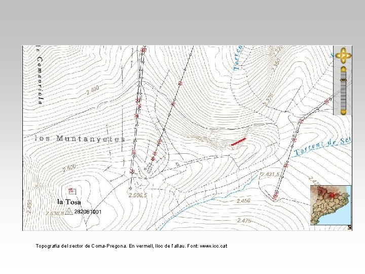 Topografia del sector de Coma-Pregona. En vermell, lloc de l’allau. Font: www. icc. cat