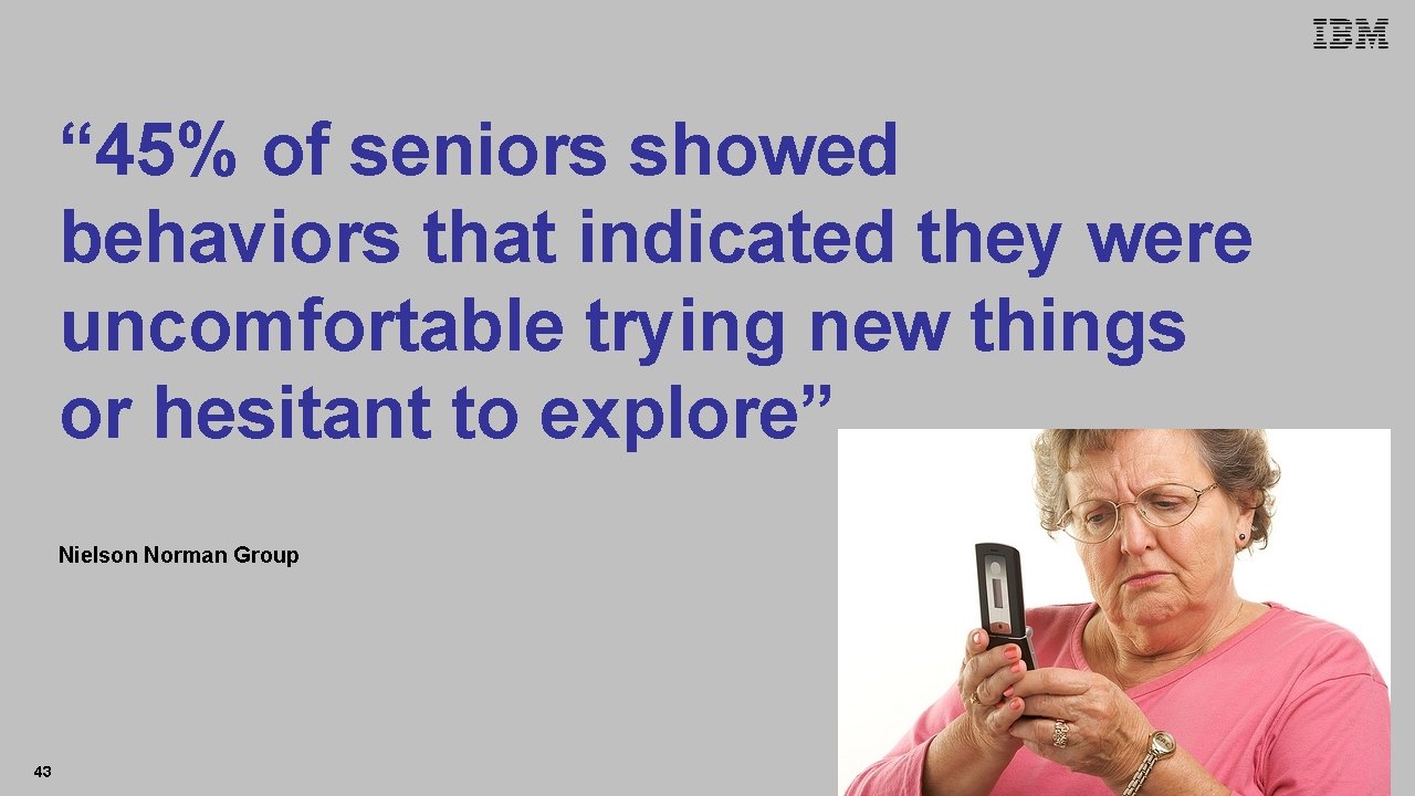 IBM Accessibility Research “ 45% of seniors showed behaviors that indicated they were uncomfortable