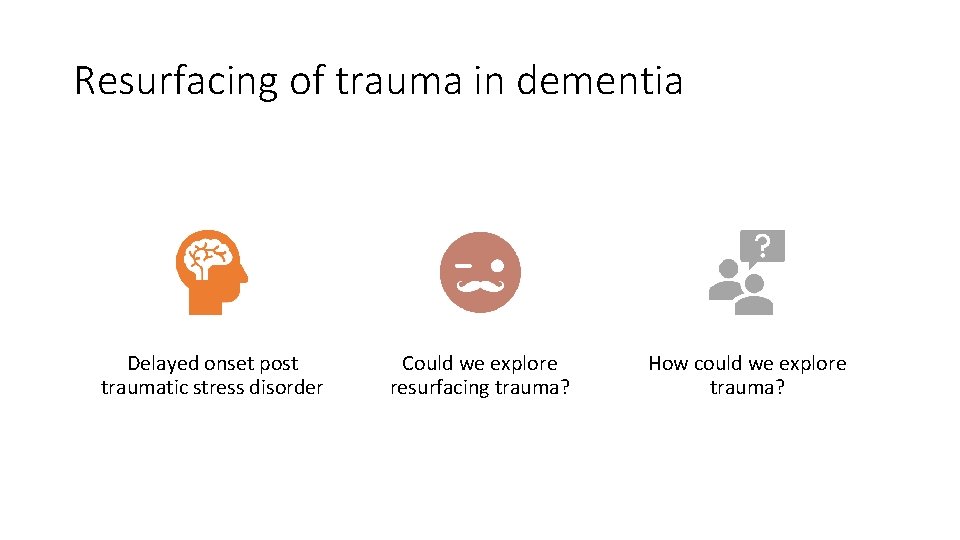 Resurfacing of trauma in dementia Delayed onset post traumatic stress disorder Could we explore
