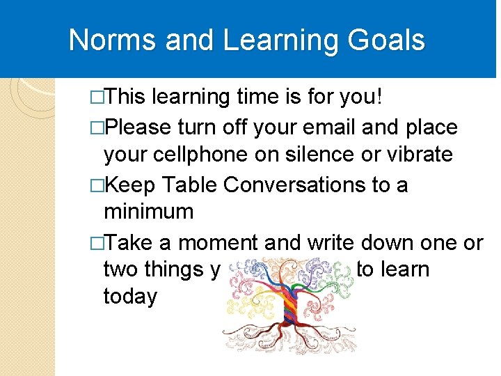 Norms and Learning Goals �This learning time is for you! �Please turn off your