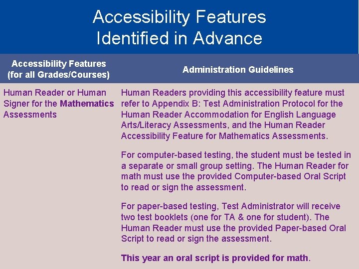 Accessibility Features Identified in Advance Accessibility Features (for all Grades/Courses) Administration Guidelines Human Reader