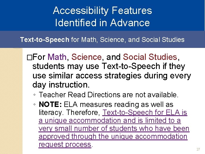 Accessibility Features Identified in Advance Text-to-Speech for Math, Science, and Social Studies �For Math,