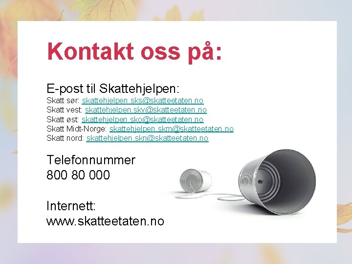 Kontakt oss på: E-post til Skattehjelpen: Skatt sør: skattehjelpen. sks@skatteetaten. no Skatt vest: skattehjelpen.