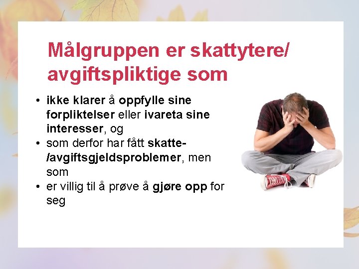 Målgruppen er skattytere/ avgiftspliktige som • ikke klarer å oppfylle sine forpliktelser eller ivareta