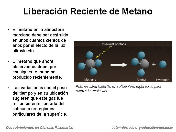 Liberación Reciente de Metano • El metano en la atmósfera marciana debe ser destruido