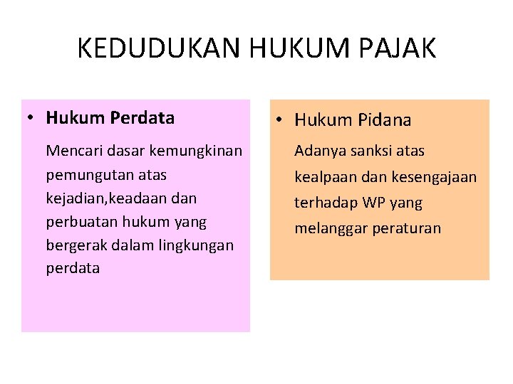 KEDUDUKAN HUKUM PAJAK • Hukum Perdata Mencari dasar kemungkinan pemungutan atas kejadian, keadaan dan