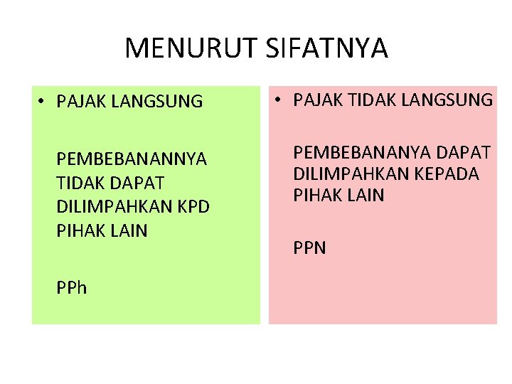 MENURUT SIFATNYA • PAJAK LANGSUNG PEMBEBANANNYA TIDAK DAPAT DILIMPAHKAN KPD PIHAK LAIN PPh •