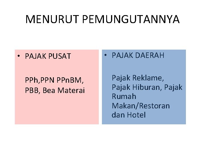 MENURUT PEMUNGUTANNYA • PAJAK PUSAT PPh, PPN PPn. BM, PBB, Bea Materai • PAJAK