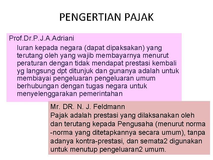 PENGERTIAN PAJAK Prof. Dr. P. J. A. Adriani Iuran kepada negara (dapat dipaksakan) yang