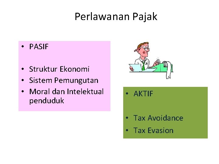 Perlawanan Pajak • PASIF • Struktur Ekonomi • Sistem Pemungutan • Moral dan Intelektual