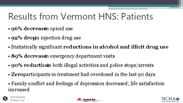 Results from Vermont HNS: Patients • 96% decreasein opioid use • 92% dropin injection