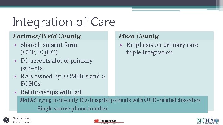 Integration of Care Larimer/Weld County Mesa County • Shared consent form (OTP/FQHC) • FQ