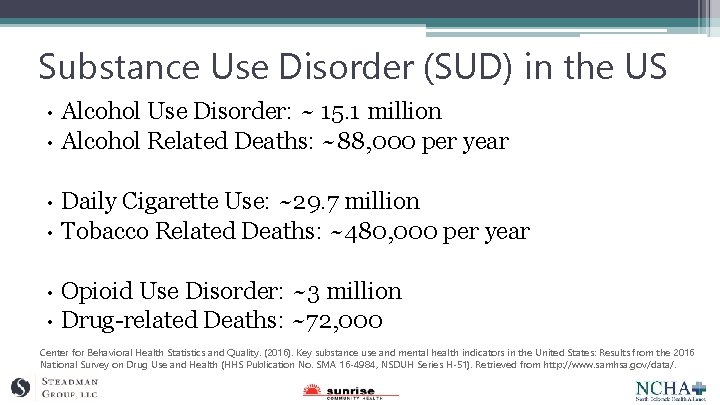 Substance Use Disorder (SUD) in the US • • • Alcohol Use Disorder: ~