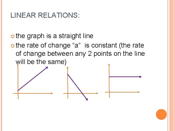 LINEAR RELATIONS: the graph is a straight line the rate of change “a” is