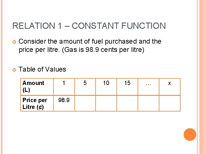 RELATION 1 – CONSTANT FUNCTION Consider the amount of fuel purchased and the price