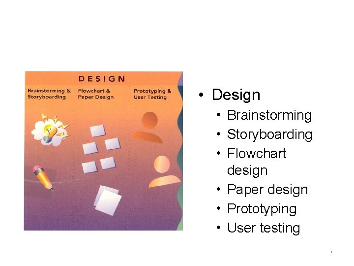  • Design • Brainstorming • Storyboarding • Flowchart design • Paper design •