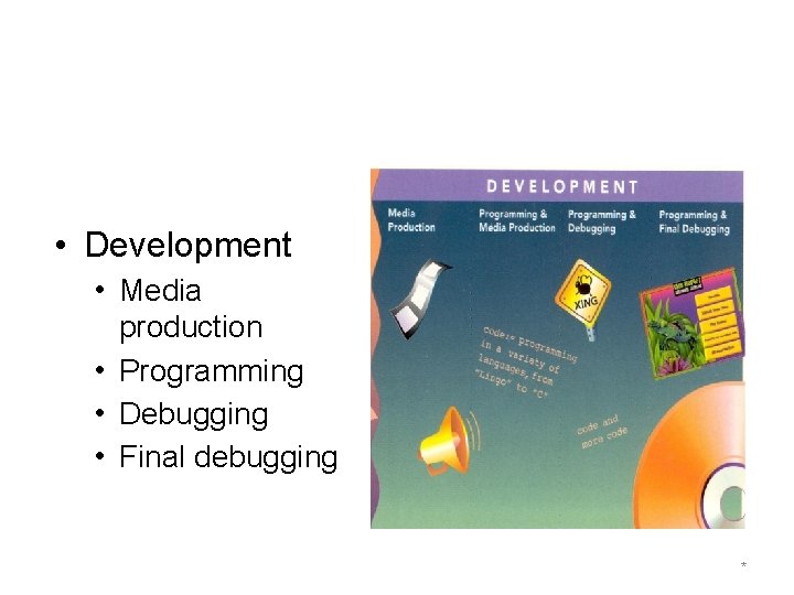  • Development • Media production • Programming • Debugging • Final debugging *