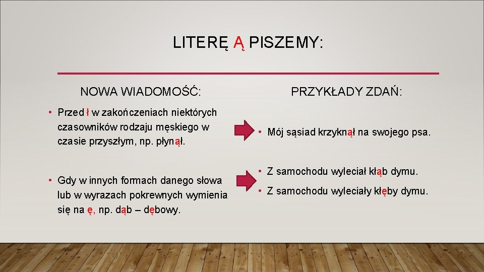 LITERĘ Ą PISZEMY: NOWA WIADOMOŚĆ: • Przed ł w zakończeniach niektórych czasowników rodzaju męskiego