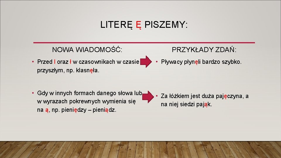 LITERĘ Ę PISZEMY: NOWA WIADOMOŚĆ: PRZYKŁADY ZDAŃ: • Przed l oraz ł w czasownikach