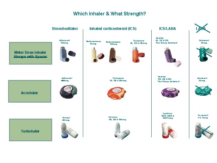 Which Inhaler & What Strength? Bronchodilator Salbutamol 100 mcg Inhaled corticosteroid (ICS) Beclometasone 50