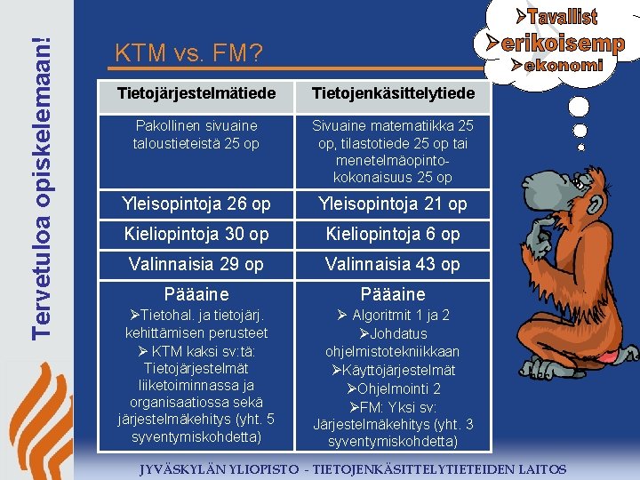 Tervetuloa opiskelemaan! KTM vs. FM? Tietojärjestelmätiede Tietojenkäsittelytiede Pakollinen sivuaine taloustieteistä 25 op Sivuaine matematiikka