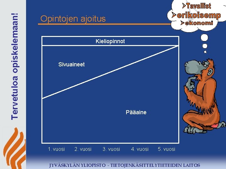 Tervetuloa opiskelemaan! Opintojen ajoitus Kieliopinnot Sivuaineet Pääaine 1. vuosi 2. vuosi 3. vuosi 4.