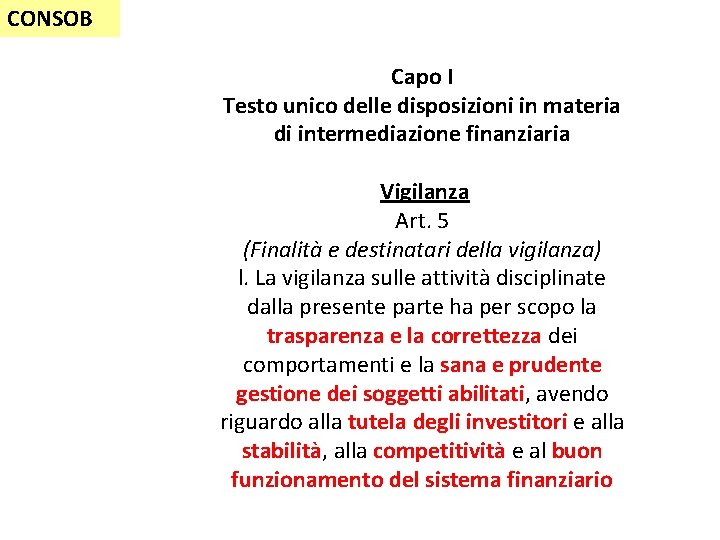 CONSOB Capo I Testo unico delle disposizioni in materia di intermediazione finanziaria Vigilanza Art.