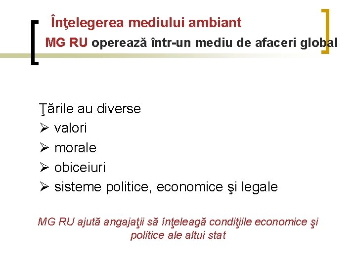 Înţelegerea mediului ambiant MG RU operează într-un mediu de afaceri global Ţările au diverse