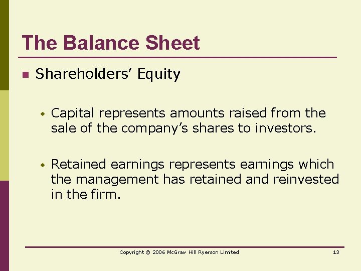 The Balance Sheet n Shareholders’ Equity w Capital represents amounts raised from the sale
