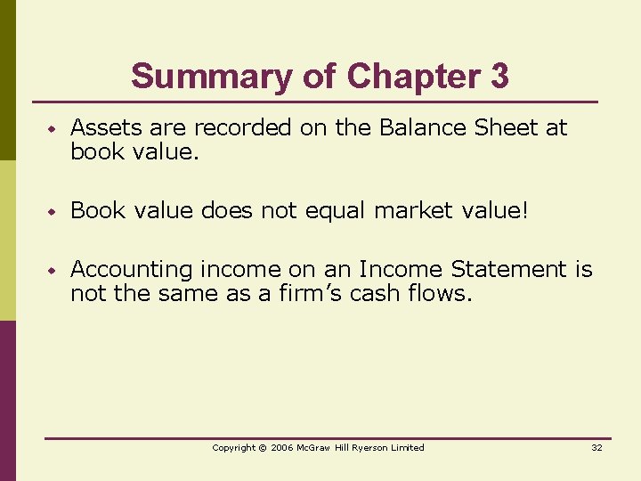 Summary of Chapter 3 w Assets are recorded on the Balance Sheet at book