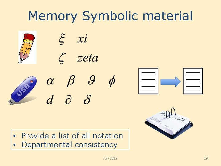 Memory Symbolic material • Provide a list of all notation • Departmental consistency July