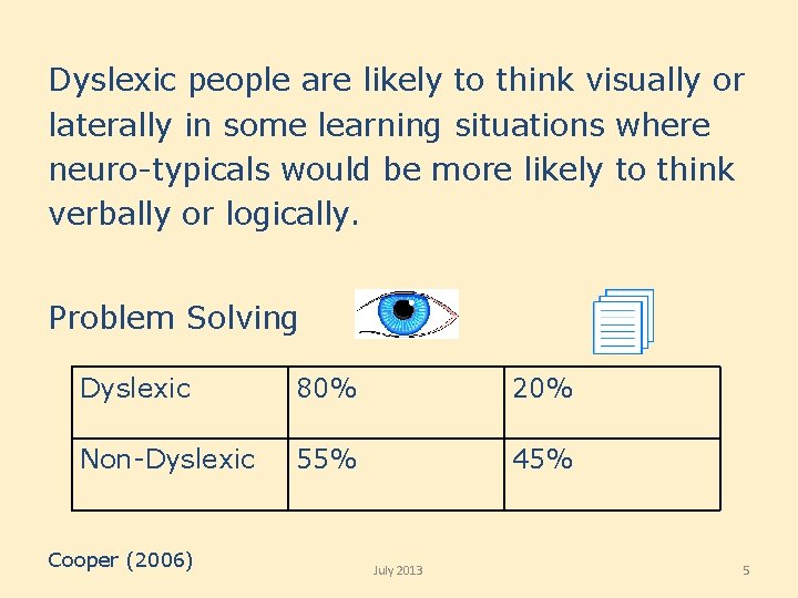Dyslexic people are likely to think visually or laterally in some learning situations where