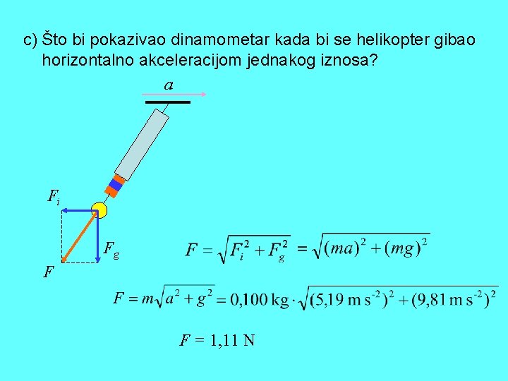 c) Što bi pokazivao dinamometar kada bi se helikopter gibao horizontalno akceleracijom jednakog iznosa?