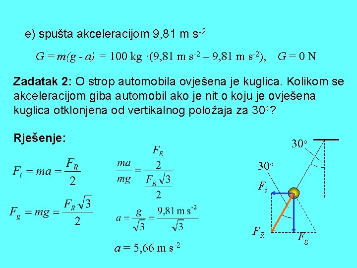 e) spušta akceleracijom 9, 81 m s-2 G = m(g - a) = 100