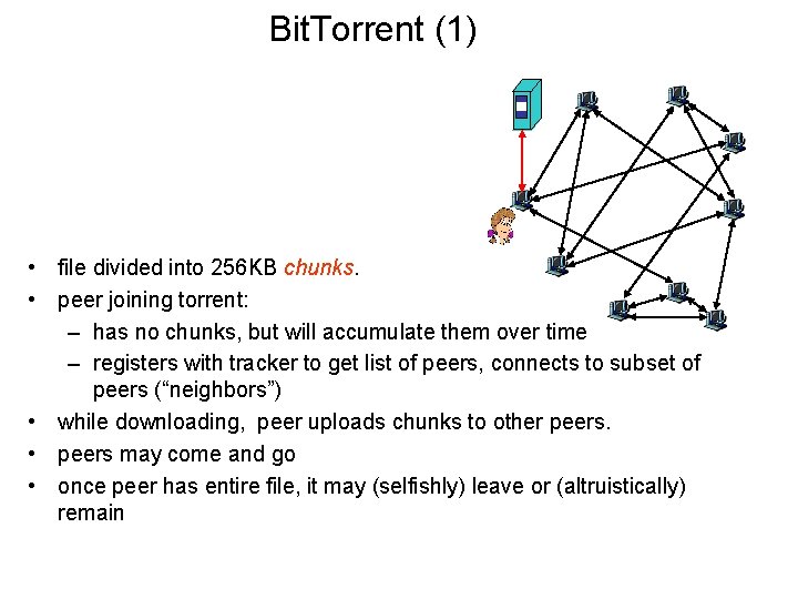 Bit. Torrent (1) • file divided into 256 KB chunks. • peer joining torrent: