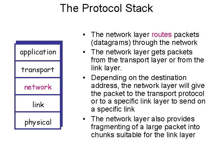 The Protocol Stack application transport network link physical • The network layer routes packets