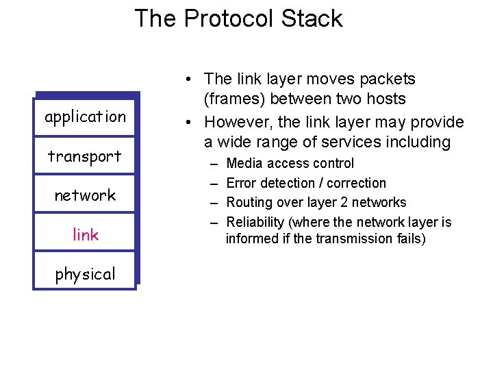 The Protocol Stack application transport network link physical • The link layer moves packets