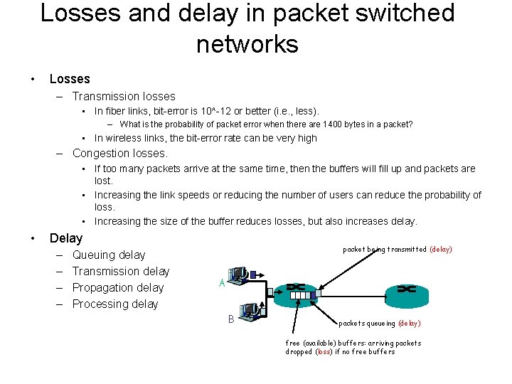 Losses and delay in packet switched networks • Losses – Transmission losses • In