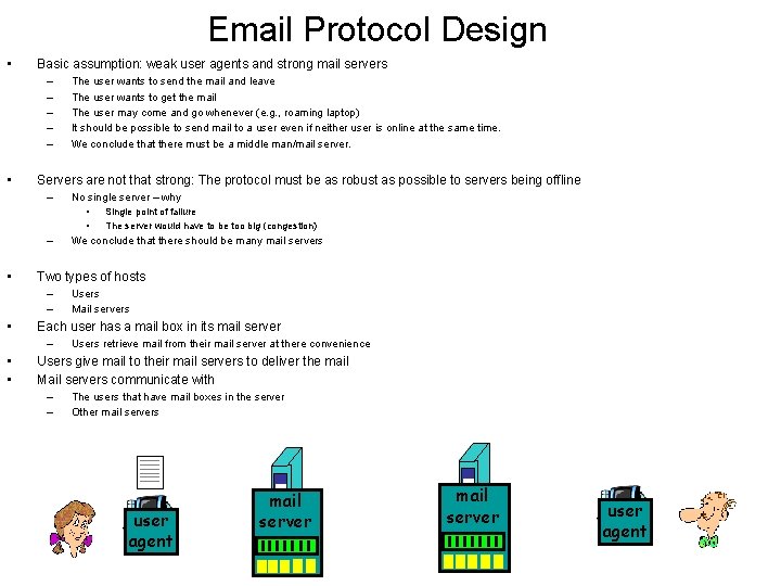 Email Protocol Design • Basic assumption: weak user agents and strong mail servers –