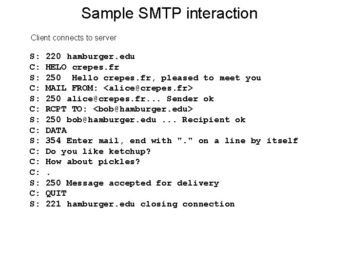 Sample SMTP interaction Client connects to server S: C: S: C: C: C: S: