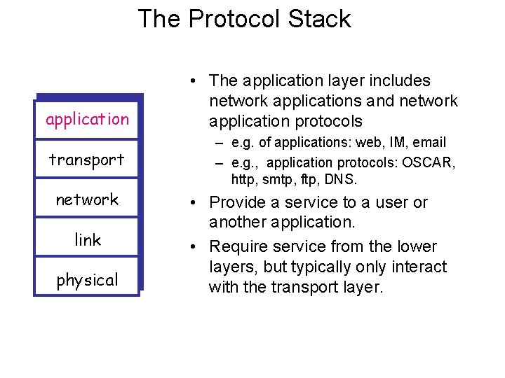 The Protocol Stack application transport network link physical • The application layer includes network