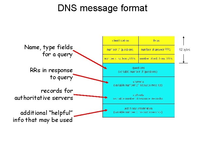 DNS message format Name, type fields for a query RRs in response to query