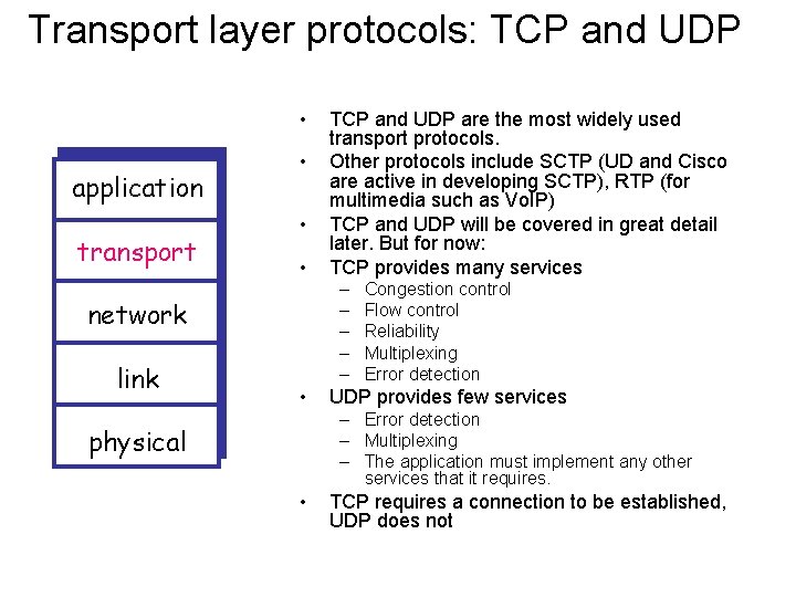 Transport layer protocols: TCP and UDP • application transport • • • – –