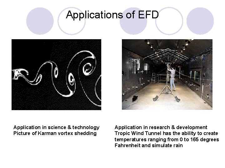 Applications of EFD Application in science & technology Picture of Karman vortex shedding Application